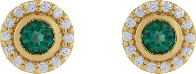 Platinum Round Lab-Grown Emerald & Natural Diamond Bezel-Set Halo-Style Stud Earrings - view 4