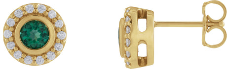 14K Gold Round Lab-Grown Emerald & Natural Diamond Bezel-Set Halo-Style Stud Earrings - Yellow Gold