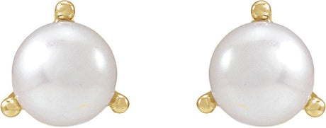 14K Gold Cultured White Seed Pearl Seed Pearl 3-Prong Stud Earrings - Yellow Gold