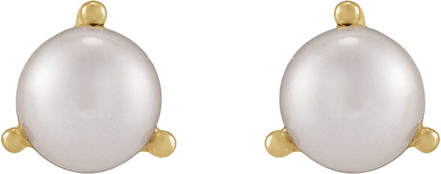 14K Gold Cultured White Seed Pearl Seed Pearl 3-Prong Stud Earrings - Yellow Gold