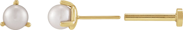 14K Gold Cultured White Seed Pearl Seed Pearl 3-Prong Stud Earrings - Yellow Gold - view 2