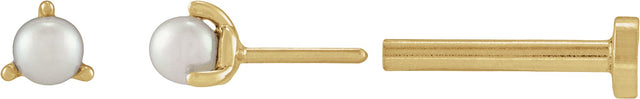 14K Gold Cultured White Seed Pearl Seed Pearl 3-Prong Stud Earrings - Yellow Gold - view 2