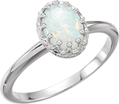14K Gold Oval Natural White Opal Crown Cabochon Ring - White Gold