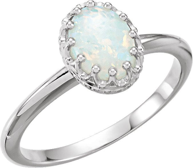 14K Gold Oval Natural White Opal Crown Cabochon Ring - White Gold