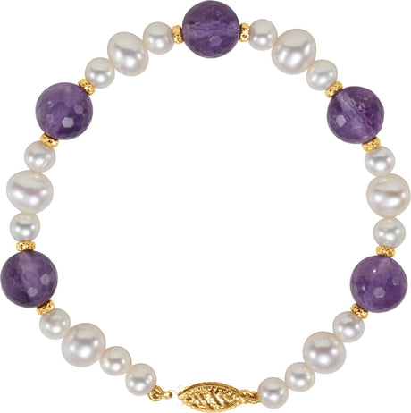 14K Gold Round Natural Amethyst & Cultured White Freshwater Pearl Pearl Station Bracelet