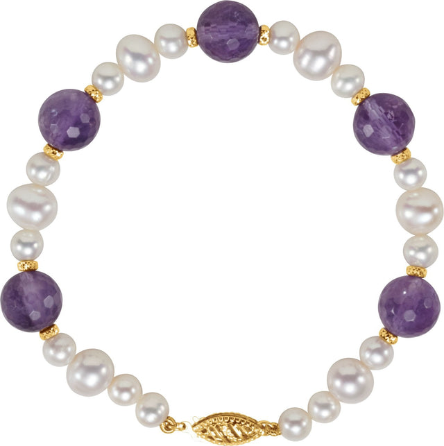 14K Gold Round Natural Amethyst & Cultured White Freshwater Pearl Pearl Station Bracelet