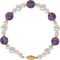 14K Gold Round Natural Amethyst & Cultured White Freshwater Pearl Pearl Station Bracelet