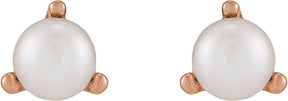 14K Gold Cultured White Seed Pearl Seed Pearl 3-Prong Stud Earrings - Rose Gold