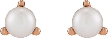 14K Gold Cultured White Seed Pearl Seed Pearl 3-Prong Stud Earrings - Rose Gold