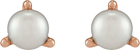 14K Gold Cultured White Seed Pearl Seed Pearl 3-Prong Stud Earrings - Rose Gold