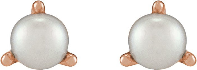 14K Gold Cultured White Seed Pearl Seed Pearl 3-Prong Stud Earrings - Rose Gold