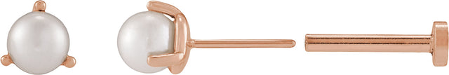 14K Gold Cultured White Seed Pearl Seed Pearl 3-Prong Stud Earrings - Rose Gold - view 2