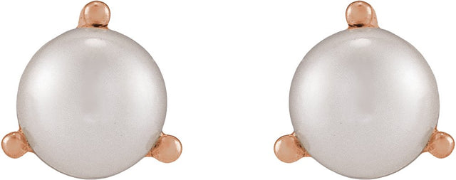 14K Gold Cultured White Seed Pearl Seed Pearl 3-Prong Stud Earrings - Rose Gold
