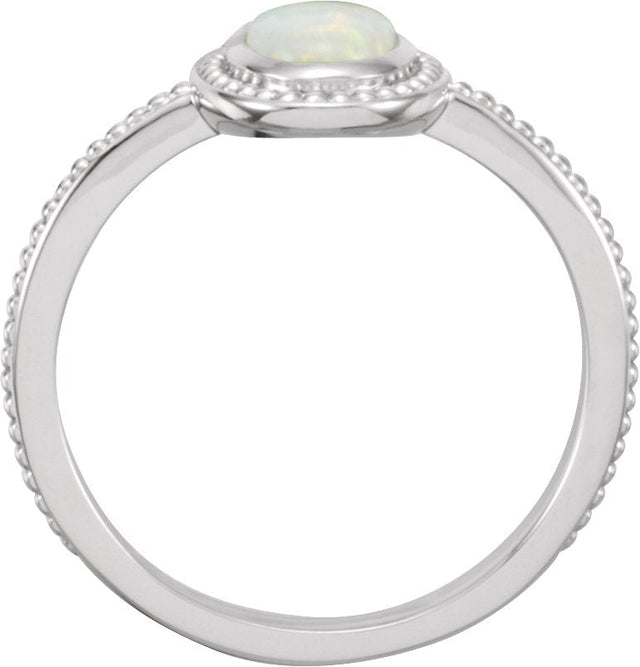 14K Gold Oval Natural White Opal Beaded Cabochon Ring - White Gold - view 2