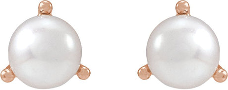 14K Gold Cultured White Seed Pearl Seed Pearl 3-Prong Stud Earrings - Rose Gold