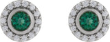 Platinum Round Lab-Grown Emerald & Natural Diamond Bezel-Set Halo-Style Stud Earrings - view 2