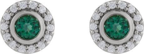 Platinum Round Lab-Grown Emerald & Natural Diamond Bezel-Set Halo-Style Stud Earrings - view 2