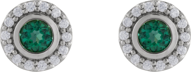 Platinum Round Lab-Grown Emerald & Natural Diamond Bezel-Set Halo-Style Stud Earrings - view 2