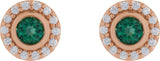 14K Gold Round Lab-Grown Emerald & Natural Diamond Bezel-Set Halo-Style Stud Earrings - Rose Gold - view 2