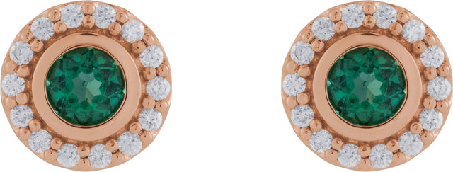 14K Gold Round Lab-Grown Emerald & Natural Diamond Bezel-Set Halo-Style Stud Earrings - Rose Gold - view 2