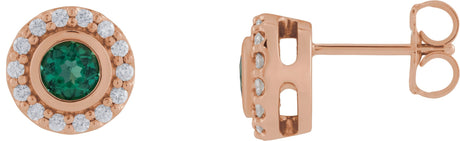 14K Gold Round Lab-Grown Emerald & Natural Diamond Bezel-Set Halo-Style Stud Earrings - Rose Gold