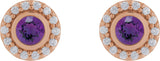 14K Gold Round Natural Amethyst & Natural Diamond Bezel-Set Halo-Style Stud Earrings – 4mm Stones - Rose Gold - view 2