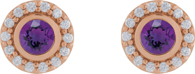 14K Gold Round Natural Amethyst & Natural Diamond Bezel-Set Halo-Style Stud Earrings – 4mm Stones - Rose Gold - view 2