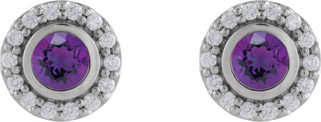 Platinum Round Natural Amethyst & Natural Diamond Bezel-Set Halo-Style Stud Earrings – 4mm Stones - view 2
