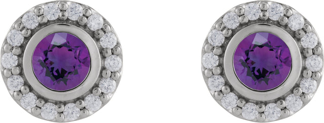 Platinum Round Natural Amethyst & Natural Diamond Bezel-Set Halo-Style Stud Earrings – 4mm Stones - view 2