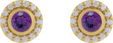 14K Gold Round Natural Amethyst & Natural Diamond Bezel-Set Halo-Style Stud Earrings – 4mm Stones - Yellow Gold - view 2