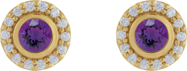 14K Gold Round Natural Amethyst & Natural Diamond Bezel-Set Halo-Style Stud Earrings – 4mm Stones - Yellow Gold - view 2