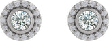 Platinum Round Lab-Grown Moissanite & Natural Diamond Bezel-Set Halo-Style Stud Earrings - view 2
