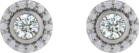 Platinum Round Lab-Grown Moissanite & Natural Diamond Bezel-Set Halo-Style Stud Earrings - view 2