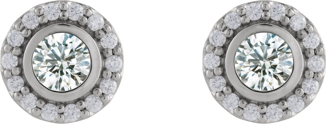 Platinum Round Lab-Grown Moissanite & Natural Diamond Bezel-Set Halo-Style Stud Earrings - view 2
