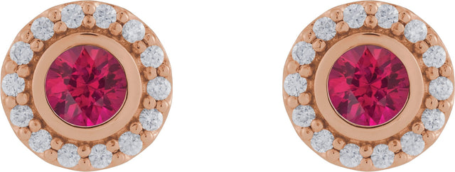 14K Gold Round Lab-Grown Ruby & Natural Diamond Bezel-Set Halo-Style Stud Earrings - Rose Gold - view 2