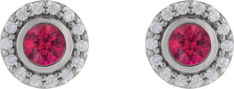 Platinum Round Lab-Grown Ruby & Natural Diamond Bezel-Set Halo-Style Stud Earrings - view 2