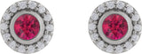 14K Gold Round Lab-Grown Ruby & Natural Diamond Bezel-Set Halo-Style Stud Earrings - White Gold - view 2