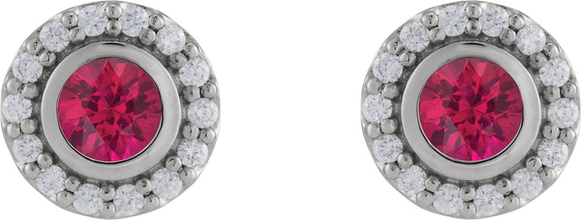 14K Gold Round Lab-Grown Ruby & Natural Diamond Bezel-Set Halo-Style Stud Earrings - White Gold - view 2