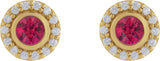 14K Gold Round Lab-Grown Ruby & Natural Diamond Bezel-Set Halo-Style Stud Earrings - Yellow Gold - view 2