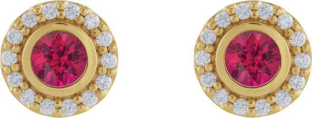 14K Gold Round Lab-Grown Ruby & Natural Diamond Bezel-Set Halo-Style Stud Earrings - Yellow Gold - view 2