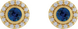14K Gold Round Lab-Grown Blue Sapphire & Natural Diamond Bezel-Set Halo-Style Stud Earrings - Yellow Gold - view 2