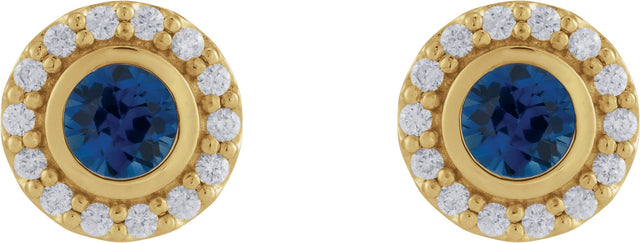14K Gold Round Lab-Grown Blue Sapphire & Natural Diamond Bezel-Set Halo-Style Stud Earrings - Yellow Gold - view 2