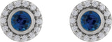 14K Gold Round Lab-Grown Blue Sapphire & Natural Diamond Bezel-Set Halo-Style Stud Earrings - White Gold - view 2
