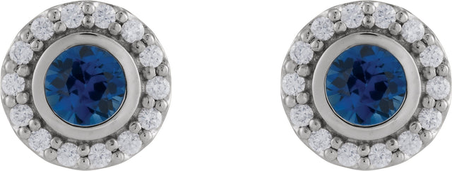 14K Gold Round Lab-Grown Blue Sapphire & Natural Diamond Bezel-Set Halo-Style Stud Earrings - White Gold - view 2