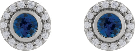 Platinum Round Lab-Grown Blue Sapphire & Natural Diamond Bezel-Set Halo-Style Stud Earrings - view 2