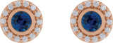 14K Gold Round Lab-Grown Blue Sapphire & Natural Diamond Bezel-Set Halo-Style Stud Earrings - Rose Gold - view 2