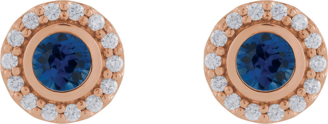 14K Gold Round Lab-Grown Blue Sapphire & Natural Diamond Bezel-Set Halo-Style Stud Earrings - Rose Gold - view 2