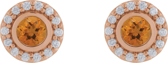 14K Gold Round Natural Citrine & Natural Diamond Bezel-Set Halo-Style Stud Earrings - Rose Gold - view 2