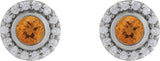 Platinum Round Natural Citrine & Natural Diamond Bezel-Set Halo-Style Stud Earrings - view 2