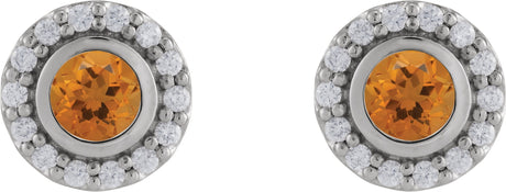 Platinum Round Natural Citrine & Natural Diamond Bezel-Set Halo-Style Stud Earrings - view 2